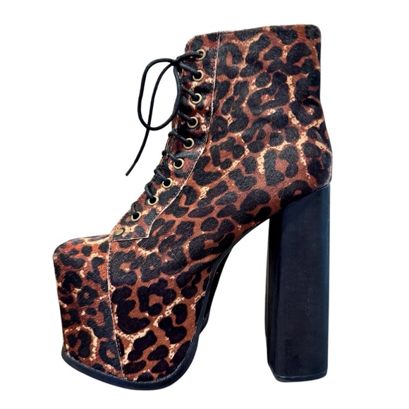 Jeffrey Campbell Big Lita Calf Hair Leather Leopard Print Platform Booties